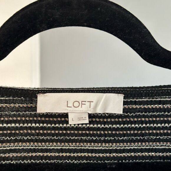 Loft Black and Silver Shimmer Puff Sleeve Square Neck Striped Women's Top Size L - Picture 4 of 9